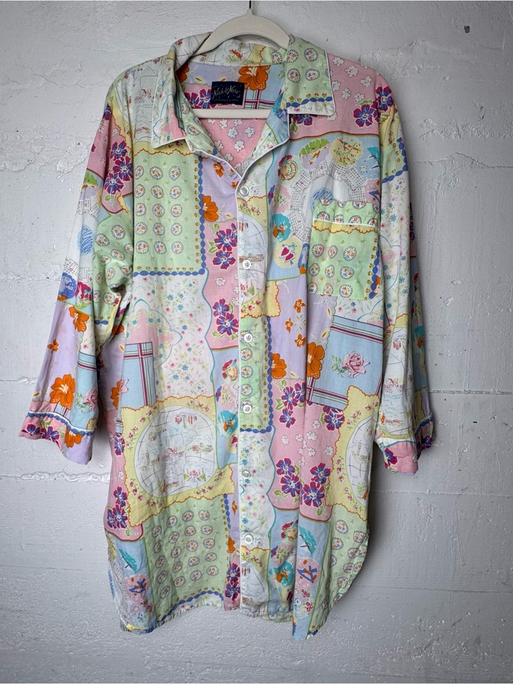 NICK & NORA XL Pastel Calendar Floral Nightshirt Pajama Shirt RARE PRINT HTF